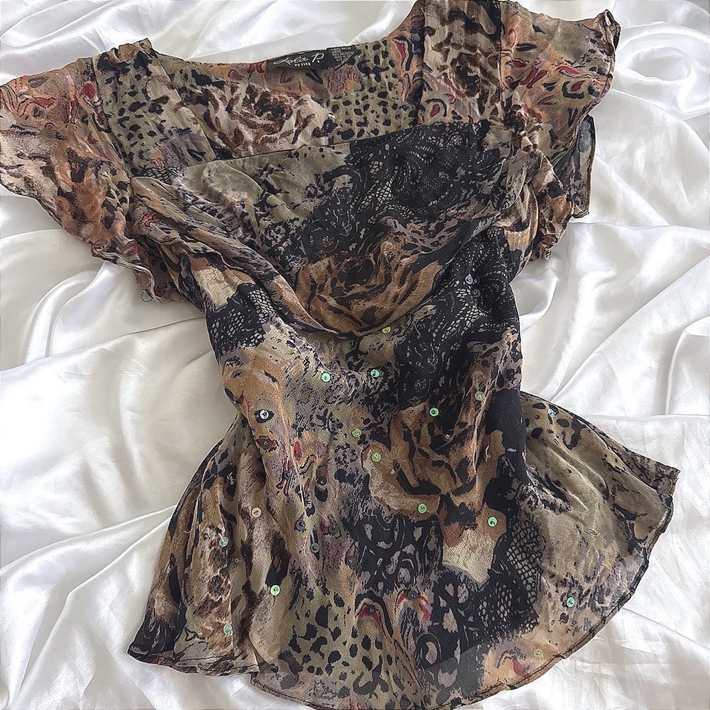 Lola P. Petite Mixed Animal Floral Sequin Blouse Brown Tan PM